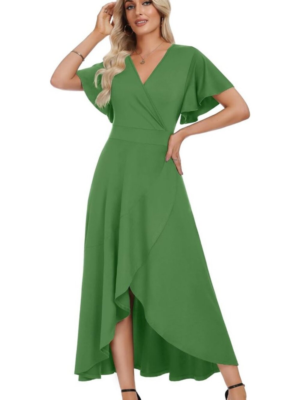 Elegant V-Neck Ruffle Sleeve Maxi Dress - Slim Wrap Waist Wedding Guest Dress